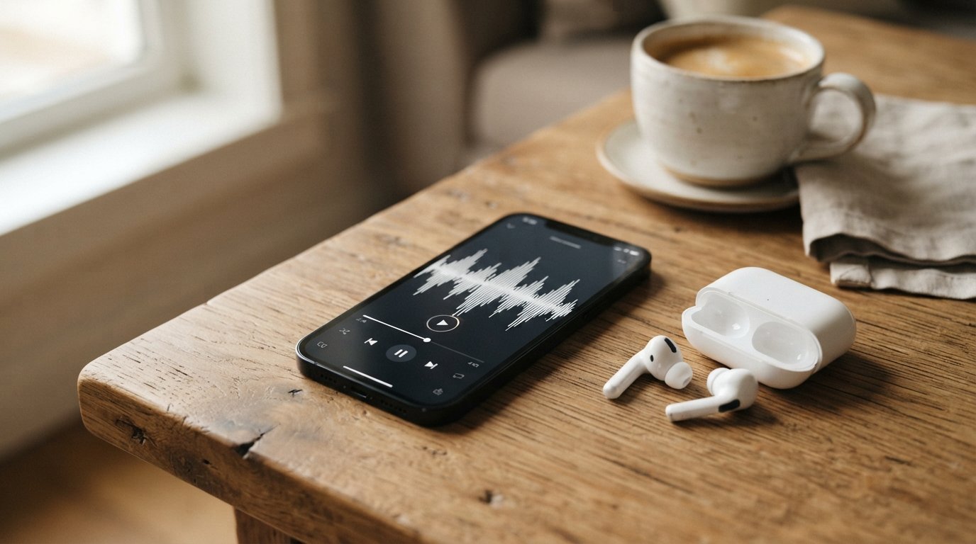 Fone de ouvido e smartphone com player de áudio sobre mesa de madeira — tudo sobre a Audible Brasil, quanto custa e como testar grátis por 30 dias.