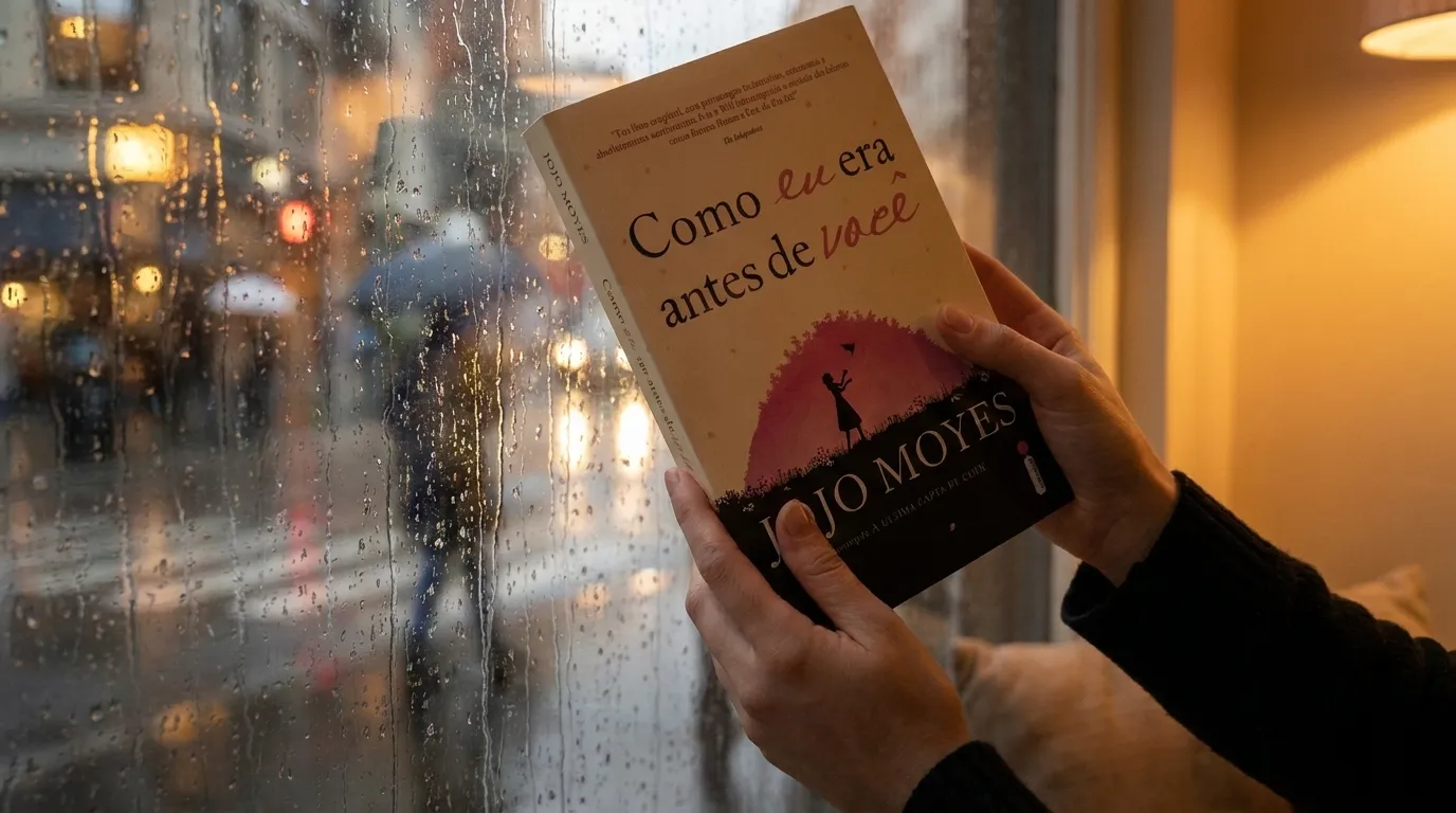 Livro Como Eu Era Antes de Você de Jojo Moyes em mãos femininas junto à janela com chuva — resenha completa, frases e tudo sobre o filme com Emilia Clarke.