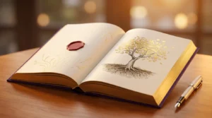 Livro aberto sobre superfície clara com luz dourada suave — resenha de Contagem Regressiva para a Riqueza de Rhonda Byrne.