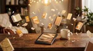 Kindle rodeado de livros digitais com luz dourada — Encha seu Kindle 2026, evento com milhares de eBooks gratuitos no dia 14 de agosto.
