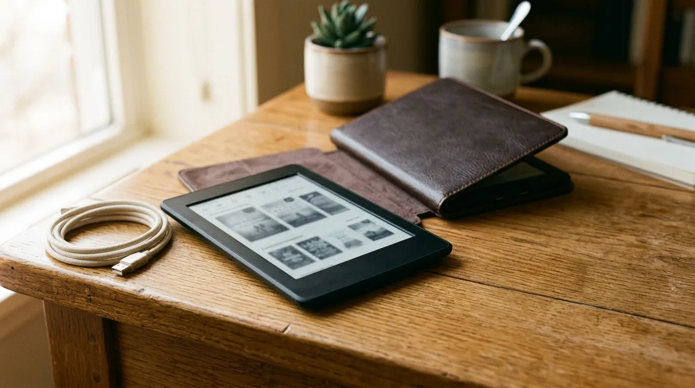 Kindle 10ª geração com cabo e capa sobre mesa de madeira — ficha técnica, acessórios compatíveis e quando vale o upgrade em 2026.
