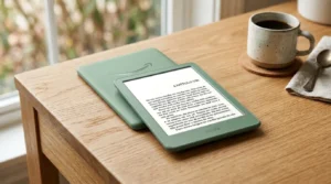 Kindle 11ª geração sobre mesa de madeira com café ao fundo — review completo do modelo básico da linha Kindle em 2026.