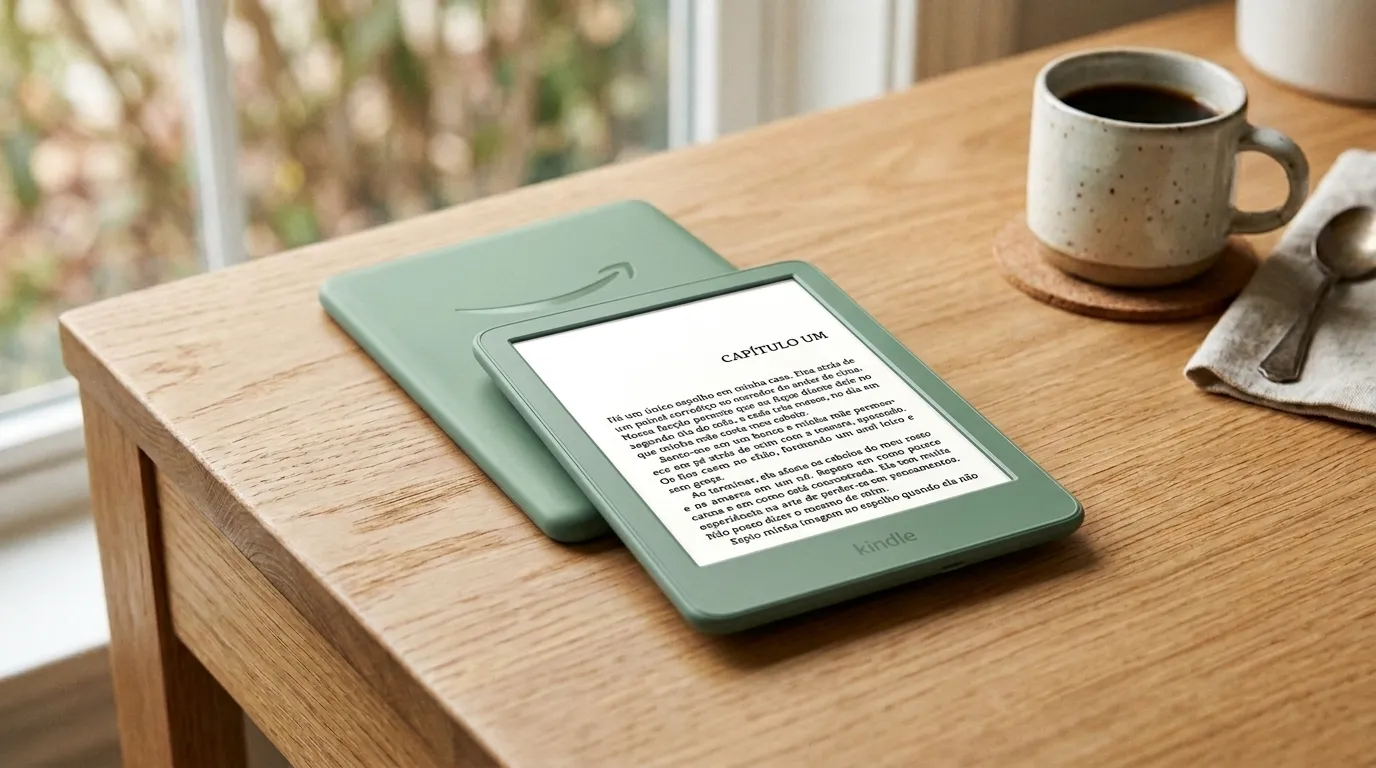 Kindle 11ª geração sobre mesa de madeira com café ao fundo — review completo do modelo básico da linha Kindle em 2026.