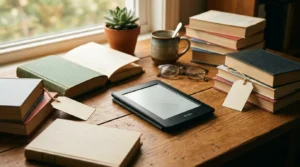 Kindle rodeado de livros sobre mesa de madeira — guia completo de como conseguir livros Kindle grátis legalmente em 2026.