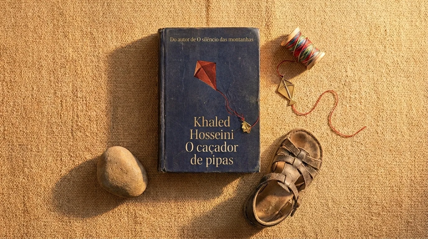 Livro O Caçador de Pipas de Khaled Hosseini sobre superfície arenosa com luz dourada — resenha completa do romance e do filme de 2007.