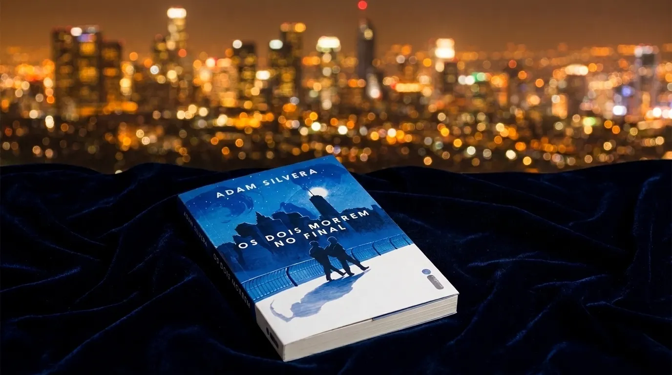 Livro Os Dois Morrem no Final de Adam Silvera sobre superfície escura com luzes da cidade ao fundo — resenha completa da trilogia Central da Morte e os 3 livros em ordem.