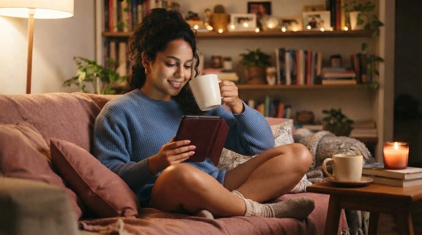 Mulher lendo Kindle no sofá com xícara de café — hábitos de leitura dos brasileiros: 1,7 bilhão de páginas por mês lidas à noite segundo dados da Amazon Brasil 2025.