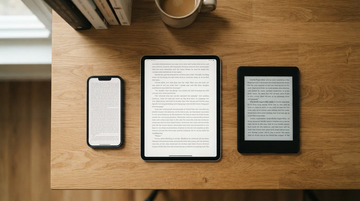 Celular, tablet e Kindle lado a lado representando os diferentes dispositivos compatíveis com o Amazon Kindle Unlimited