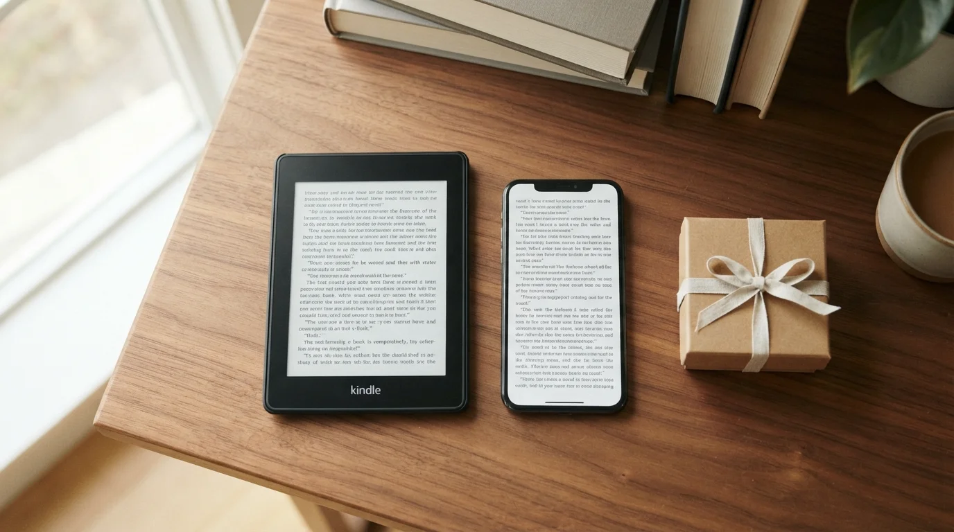 Kindle e celular lado a lado com caixa de presente representando o teste grátis de 30 dias do Kindle Unlimited