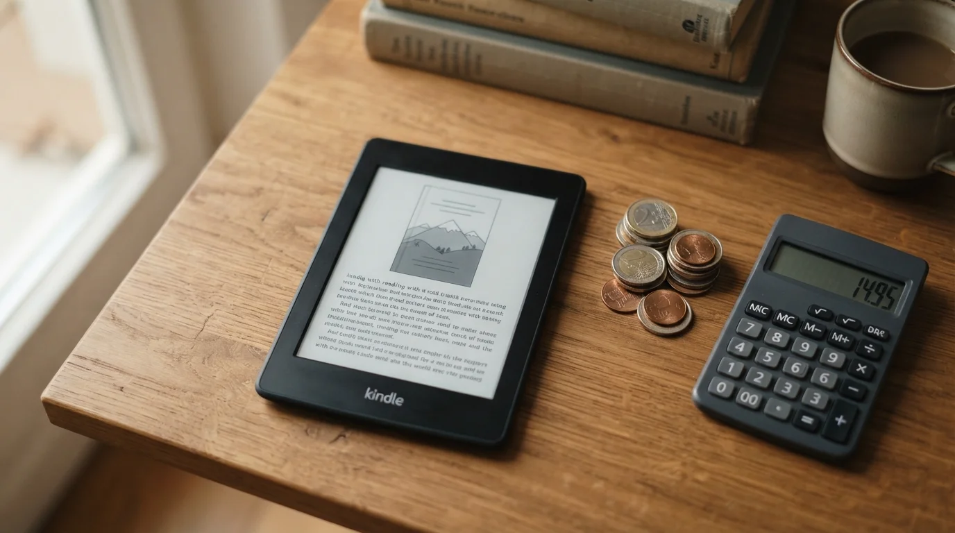 Kindle ao lado de calculadora e moedas, representando o cálculo de quanto custa o Kindle Unlimited por livro lido